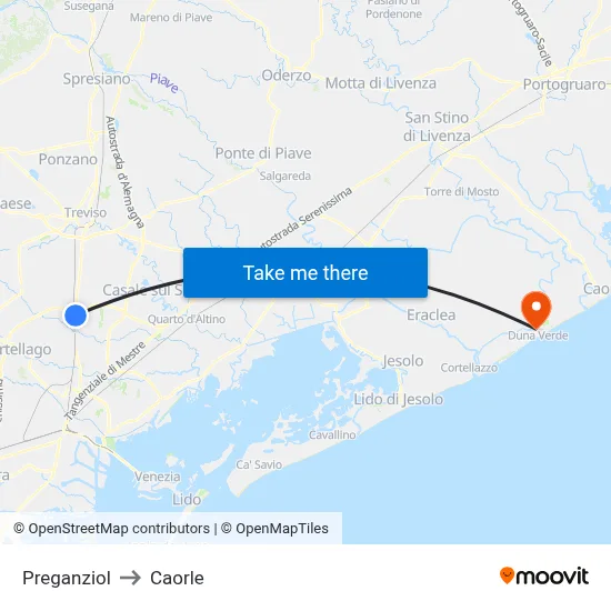 Preganziol to Caorle map