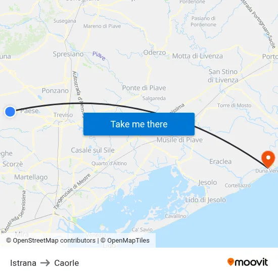 Istrana to Caorle map