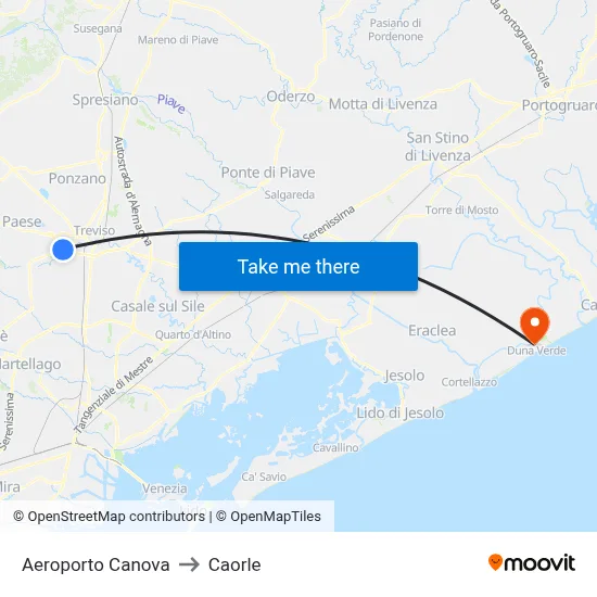 Canova Airport to Caorle map