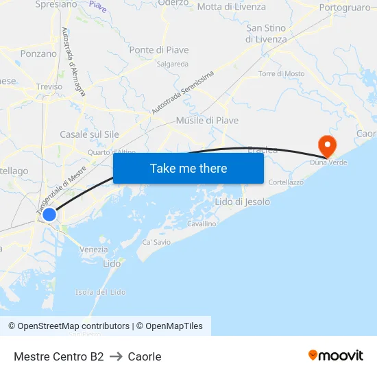 Mestre Centro B2 to Caorle map