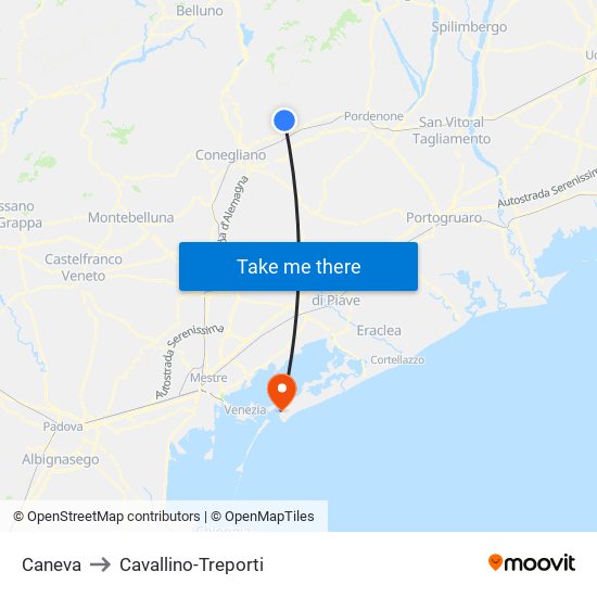 Caneva to Cavallino-Treporti map