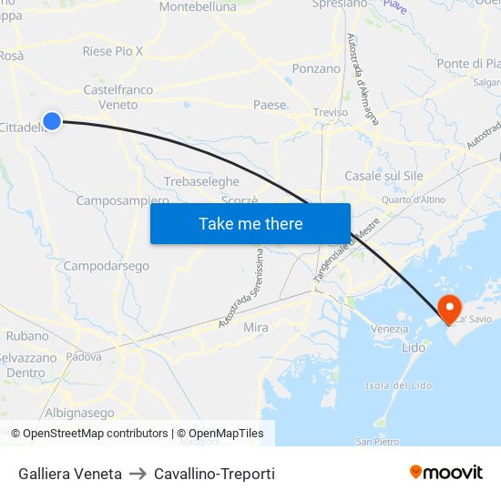 Galliera Veneta to Cavallino-Treporti map
