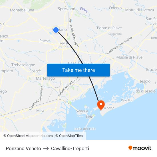 Ponzano Veneto to Cavallino-Treporti map