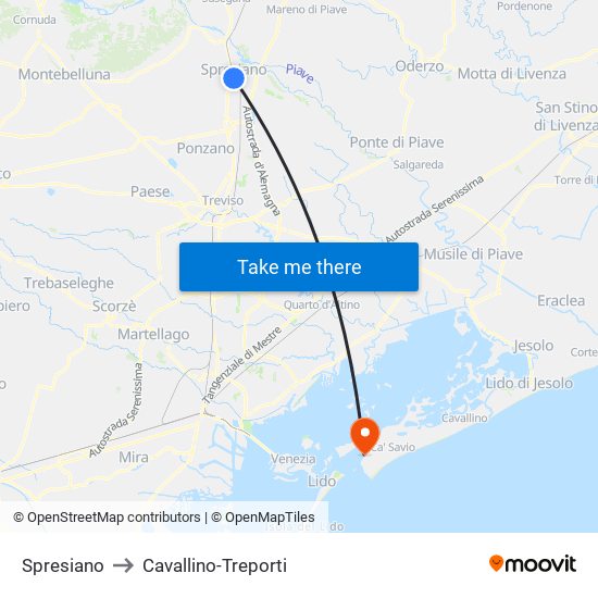 Spresiano to Cavallino-Treporti map
