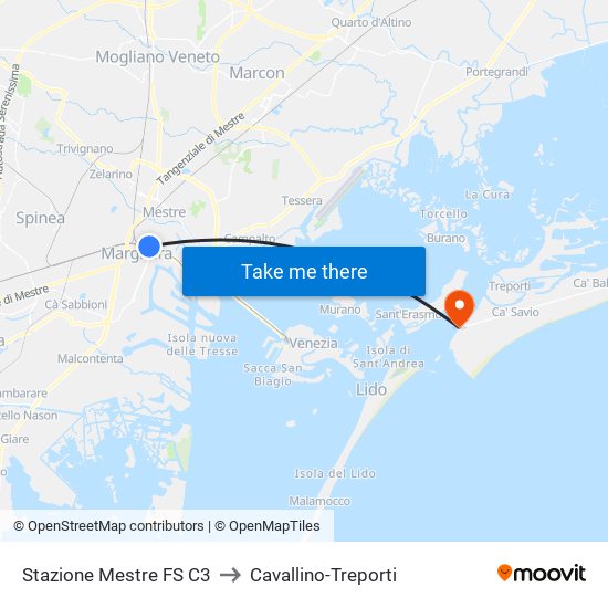 Stazione Mestre FS C3 to Cavallino-Treporti map