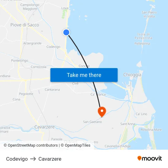 Codevigo to Cavarzere map