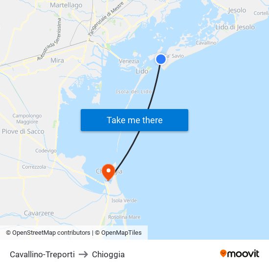 Cavallino-Treporti to Chioggia map