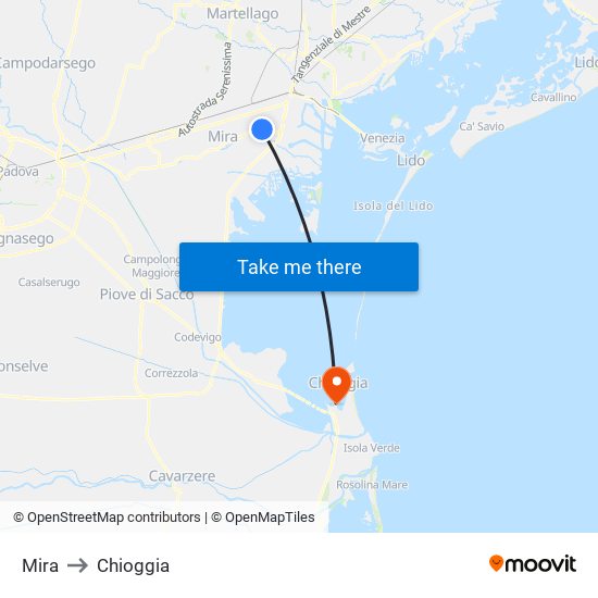 Mira to Chioggia map