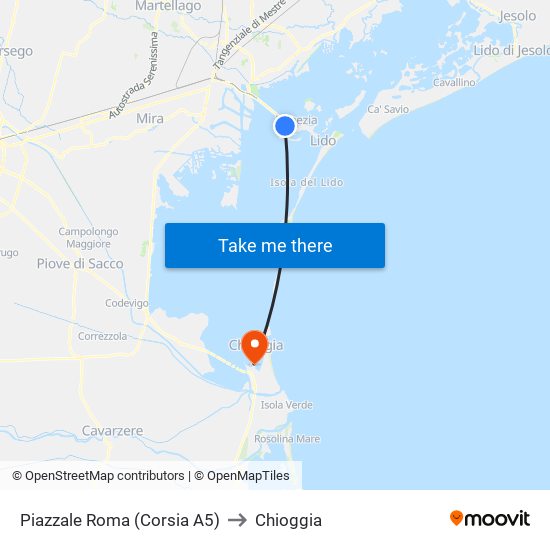 Piazzale Roma (Corsia A5) to Chioggia map