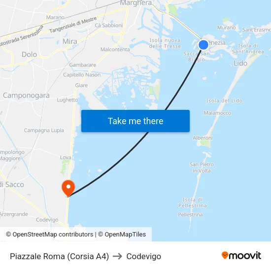 Piazzale Roma (Corsia A4) to Codevigo map