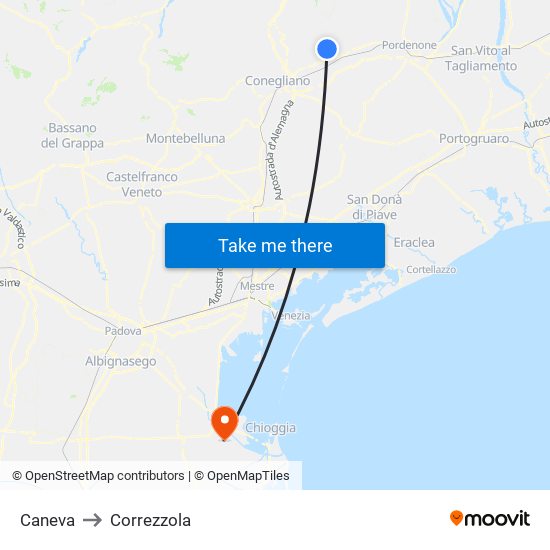 Caneva to Correzzola map