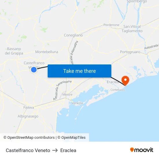 Castelfranco Veneto to Eraclea map