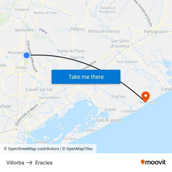 Villorba to Eraclea map