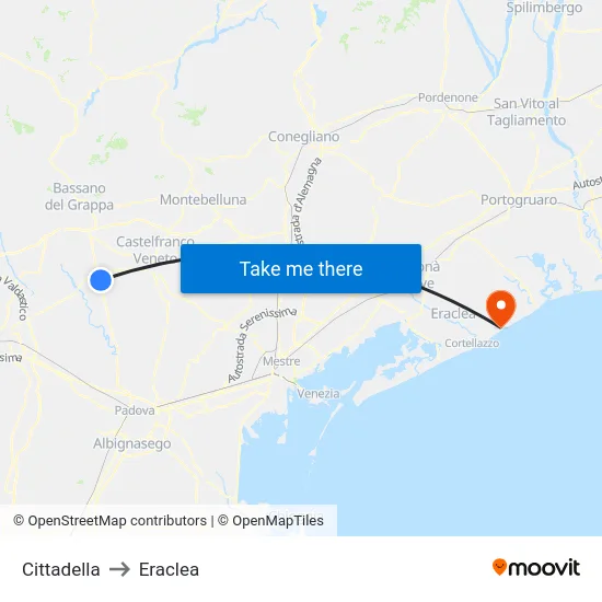 Cittadella to Eraclea map