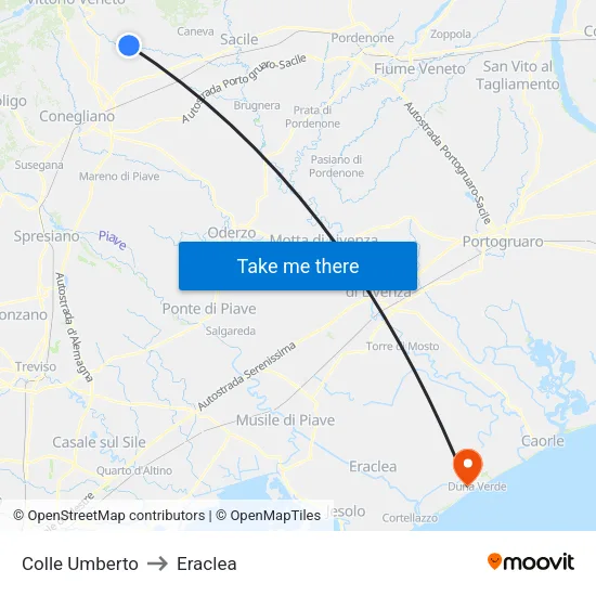 Colle Umberto to Eraclea map