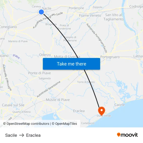Sacile to Eraclea map