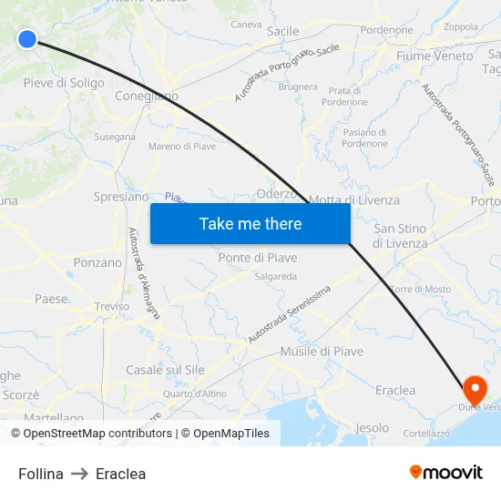 Follina to Eraclea map