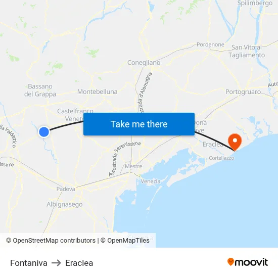 Fontaniva to Eraclea map