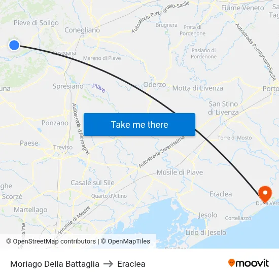 Moriago della Battaglia to Eraclea map