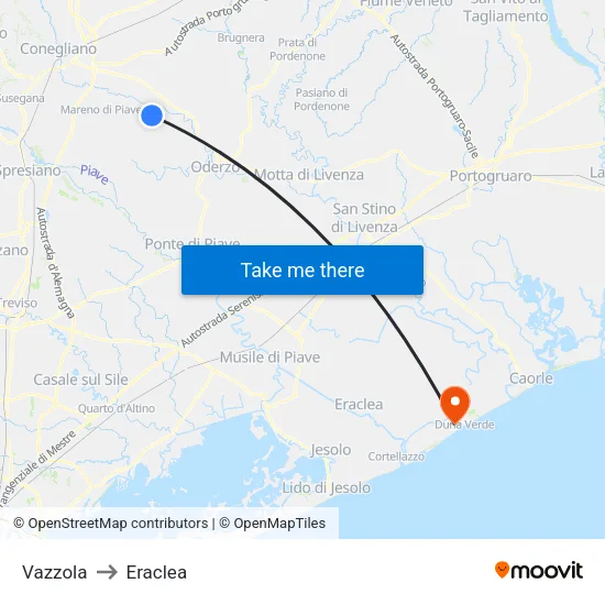 Vazzola to Eraclea map