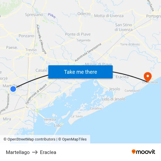 Martellago to Eraclea map