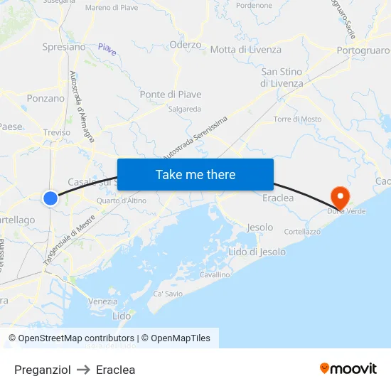Preganziol to Eraclea map
