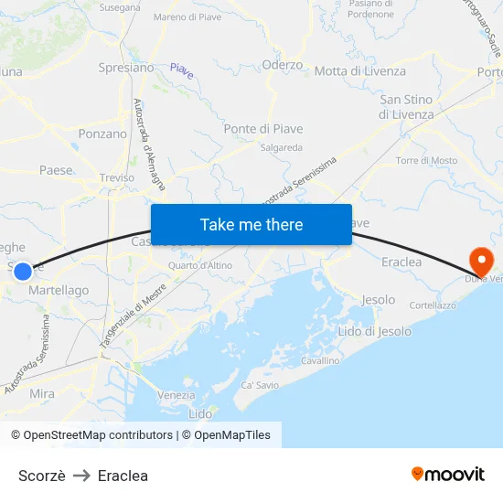 Scorzè to Eraclea map