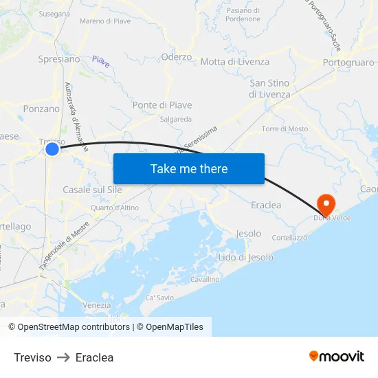 Treviso to Eraclea map