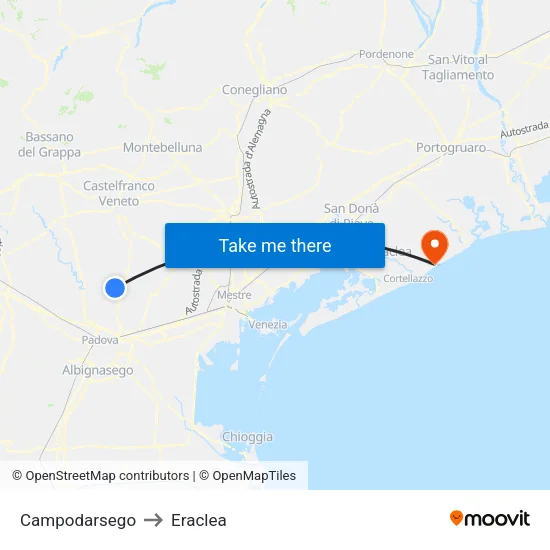 Campodarsego to Eraclea map