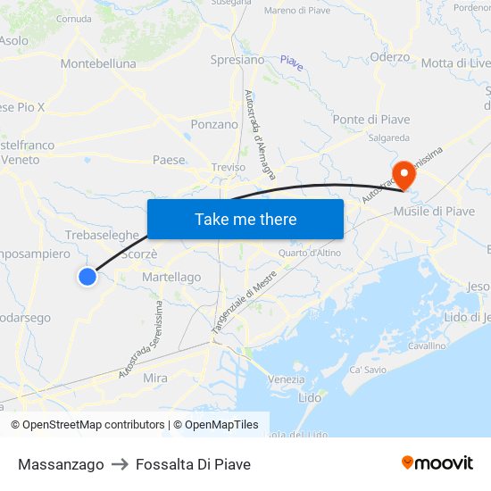 Massanzago to Fossalta Di Piave map