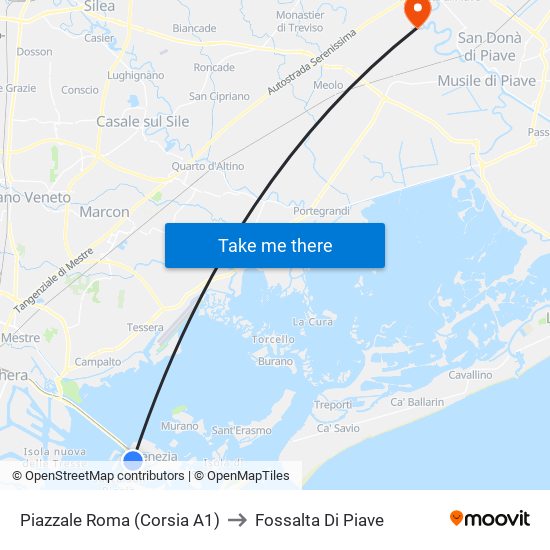 Piazzale Roma (Corsia A1) to Fossalta Di Piave map