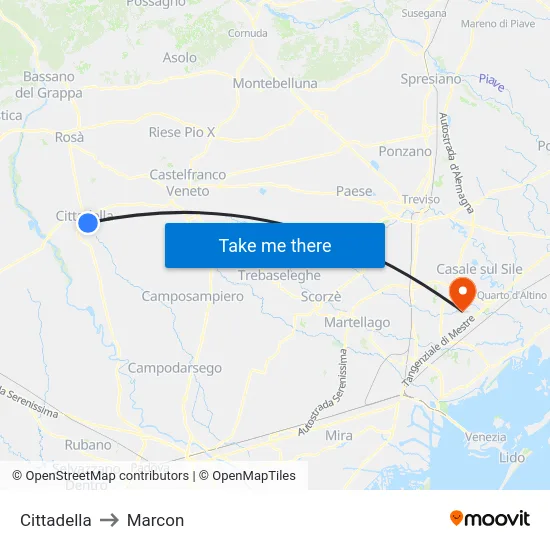 Cittadella to Marcon map