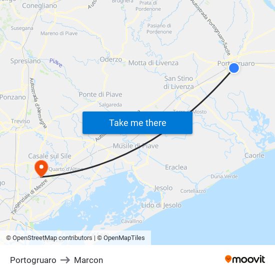 Portogruaro to Marcon map