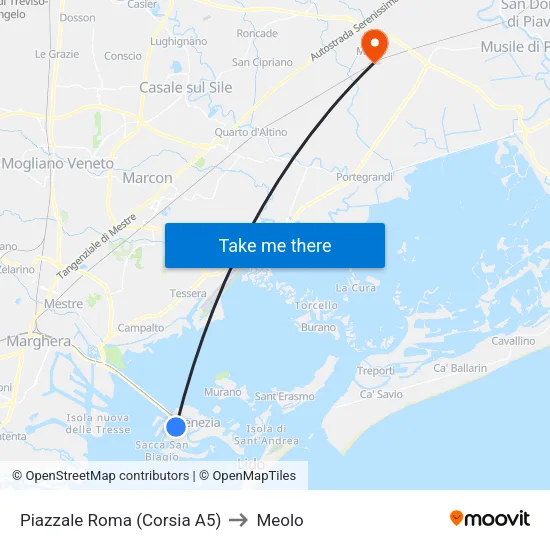 Piazzale Roma (Lane A5) to Meolo map