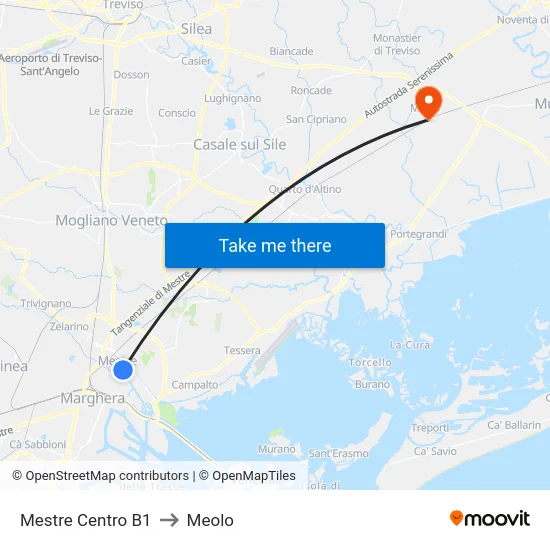 Mestre Centro B1 to Meolo map