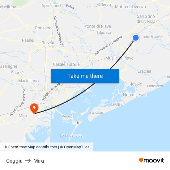 Ceggia to Mira map