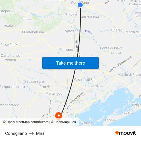 Conegliano to Mira map