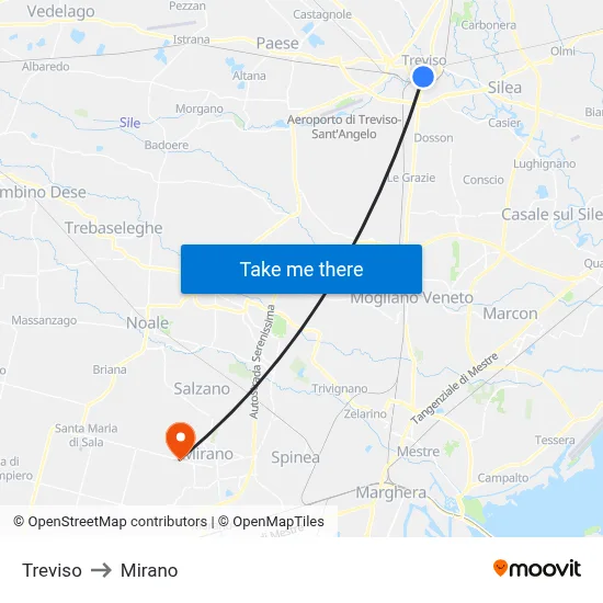 Treviso to Mirano map