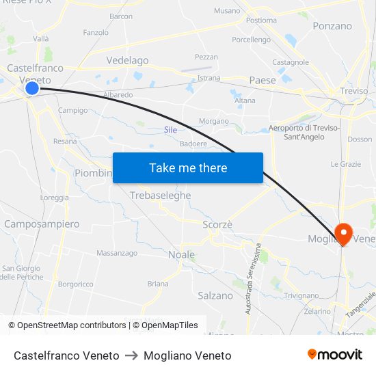 Castelfranco Veneto to Mogliano Veneto map