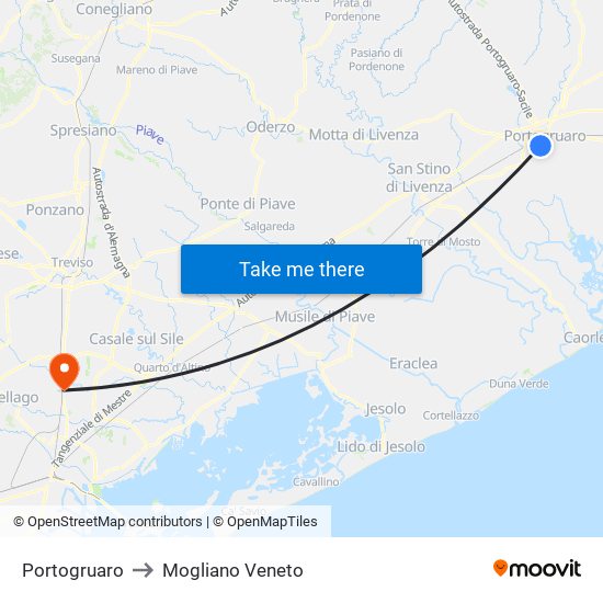 Portogruaro to Mogliano Veneto map