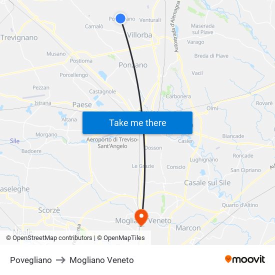 Povegliano to Mogliano Veneto map