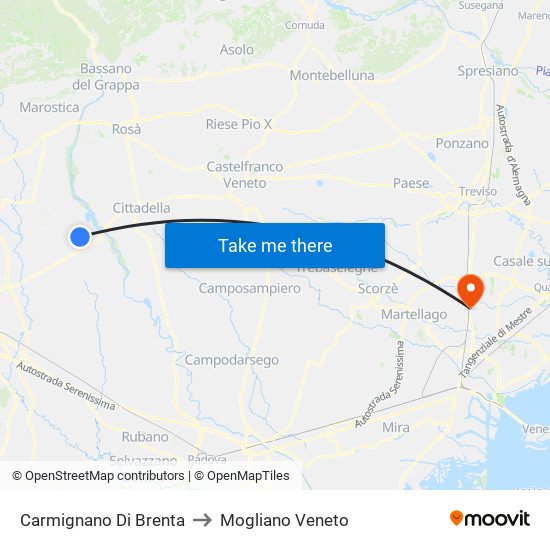 Carmignano Di Brenta to Mogliano Veneto map