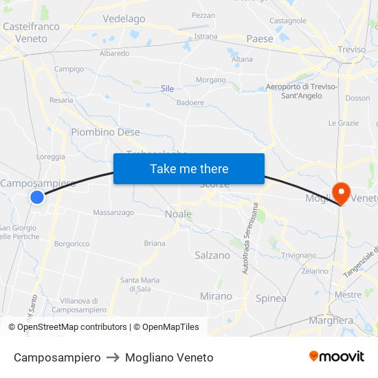 Camposampiero to Mogliano Veneto map