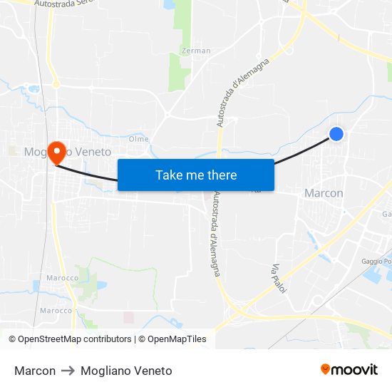 Marcon to Mogliano Veneto map