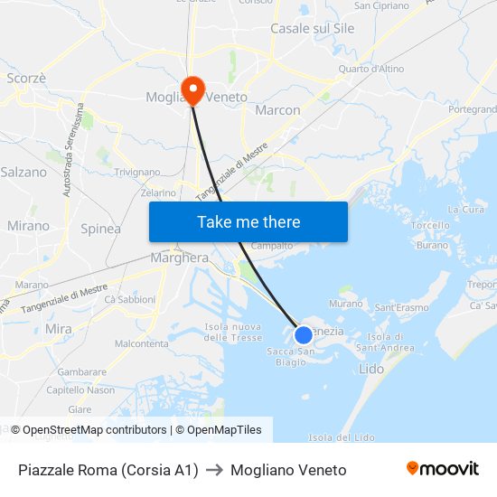 Piazzale Roma (Corsia A1) to Mogliano Veneto map