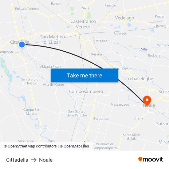 Cittadella to Noale map