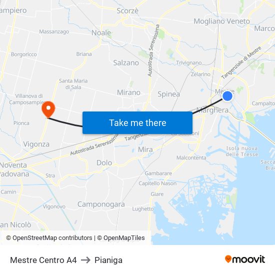 Mestre Centro A4 to Pianiga map
