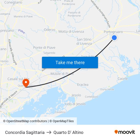 Concordia Sagittaria to Quarto D' Altino map