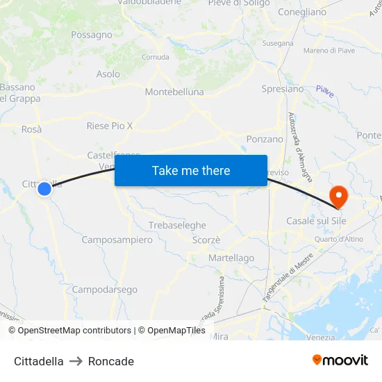 Cittadella to Roncade map