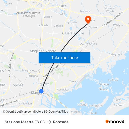 Stazione Mestre FS C3 to Roncade map